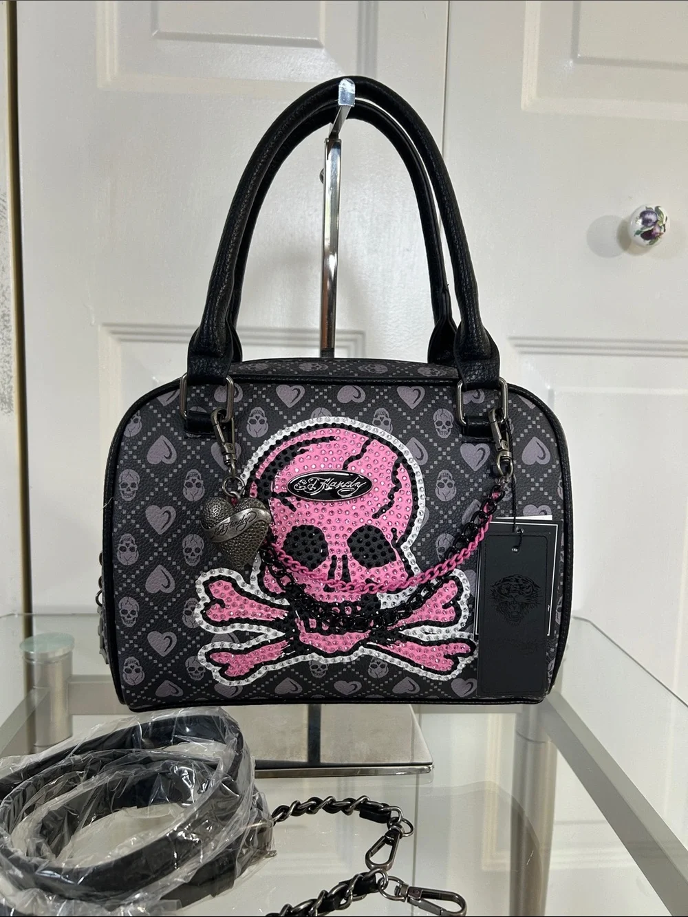 NWT Ed Hardy Black Satchel with Pink Sequin Skull